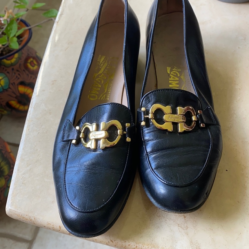 Salvatore Ferragamo Black Leather Loafers with Gold Hardware